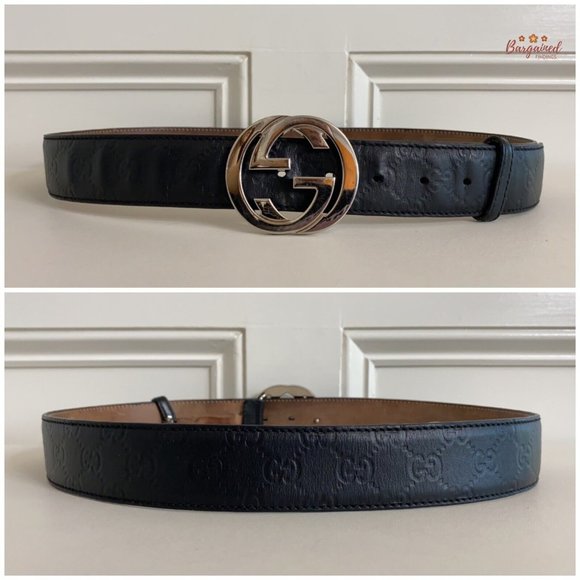 Authentic Gucci Black Guccissima Leather Silver Interlocking G Buckle Belt 95/38 - Picture 5 of 13